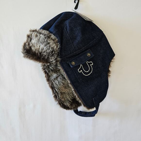 True Religion Earflap Cap Hat Faux Fur Denim - Picture 1 of 6